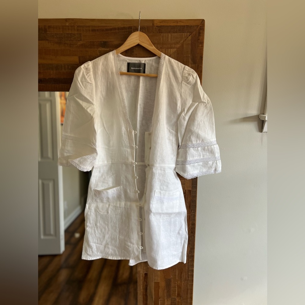 Reformation White Button-Front Linen Mini Dress - Picture 6 of 9